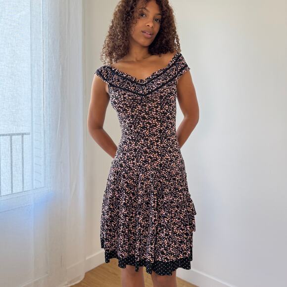Vintage Italian Liu Jo Black Ditsy Floral Dress with Ruffle Collar (S) - Picture 1 of 11